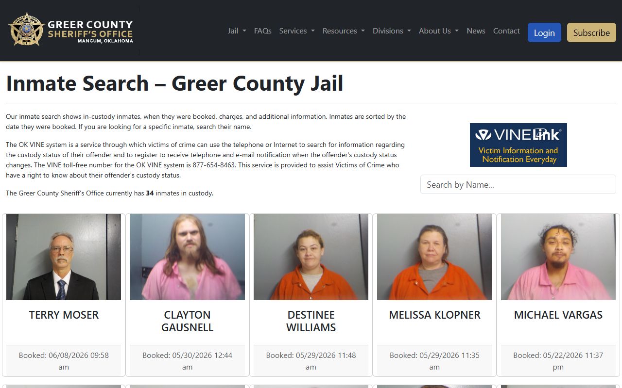 Greer County inmate population jail roster search interface