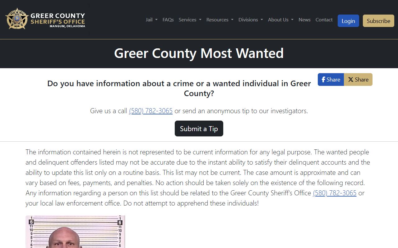 Greer County warrant and most wanted page for court records after arrest