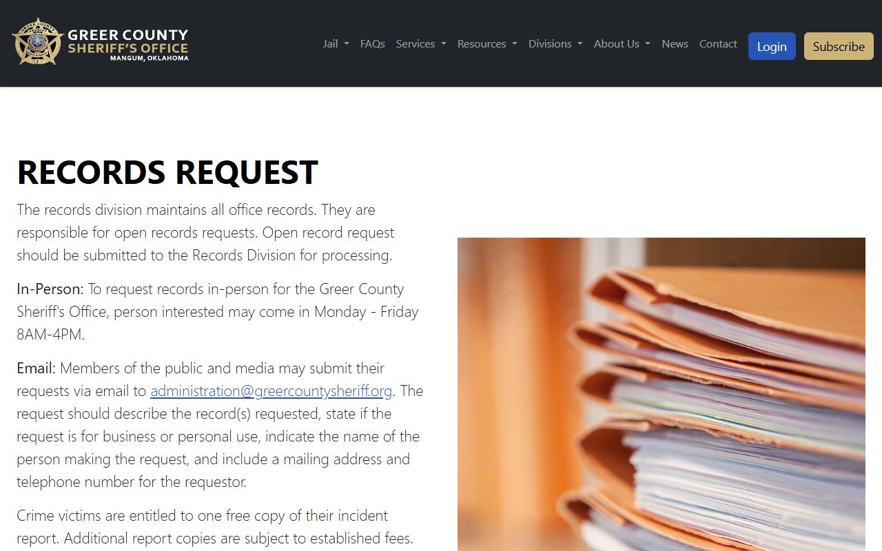 Greer County booking photo records request page