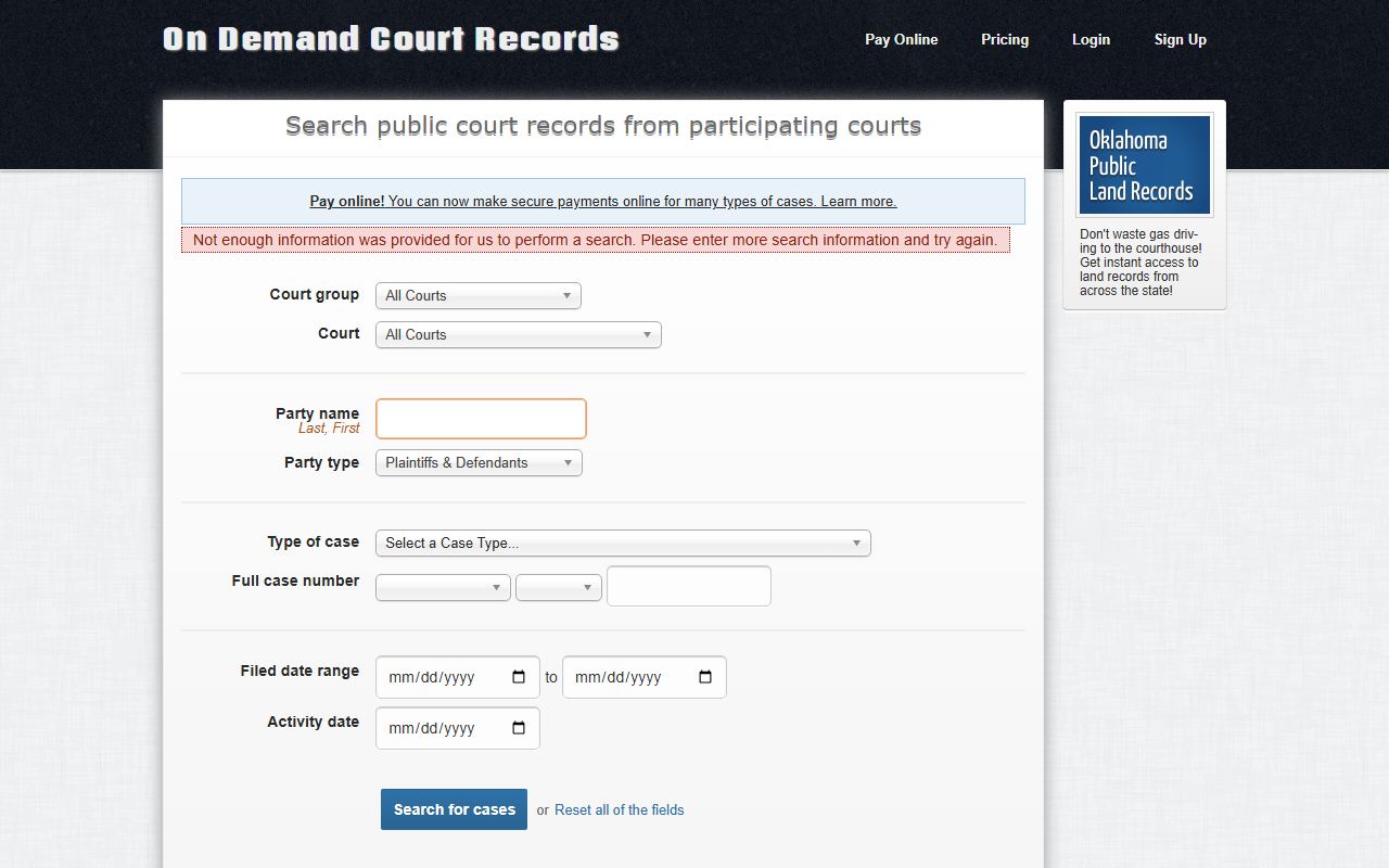 Greer County court records after jail arrest ODCR search page